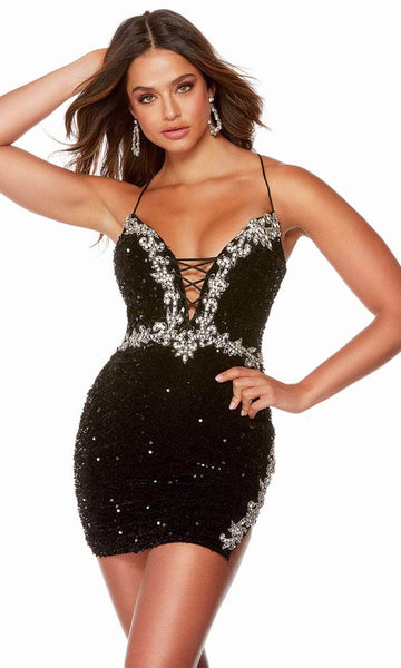 V-neck Plunging Neck Cocktail Short Sheath Natural Waistline Open-Back Fitted Sequined Lace-Up Beaded Slit Sleeveless Spaghetti Strap Sheath Dress
