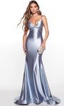 V-neck Empire Waistline Floor Length Satin Mermaid Back Zipper Lace-Up Open-Back Spaghetti Strap Prom Dress with a Court Train