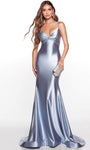 V-neck Spaghetti Strap Mermaid Satin Back Zipper Open-Back Lace-Up Floor Length Empire Waistline Prom Dress with a Court Train