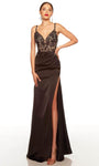 Sophisticated V-neck Sheath Natural Waistline Floor Length Plunging Neck Back Zipper Applique Slit Open-Back Sleeveless Sheath Dress/Evening Dress with a Brush/Sweep Train