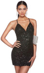 Sophisticated V-neck Beaded Fitted Sequined Open-Back Hidden Back Zipper Spaghetti Strap Cocktail Short Sheath Empire Waistline Sheath Dress