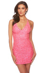 Sexy Sophisticated V-neck Natural Waistline Spaghetti Strap Plunging Neck Cocktail Short Sheath Sequined Beaded Open-Back Back Zipper Sheath Dress