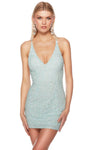 Sexy Sophisticated V-neck Sheath Natural Waistline Plunging Neck Back Zipper Sequined Open-Back Beaded Fitted Spaghetti Strap Short Sheath Dress