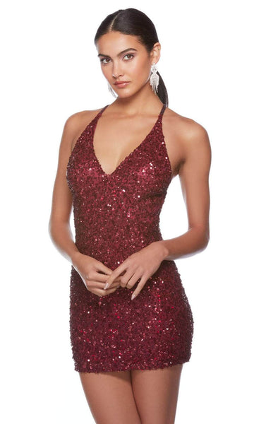 Sexy Sophisticated V-neck Spaghetti Strap Sequined Beaded Back Zipper Open-Back Sheath Short Natural Waistline Plunging Neck Sheath Dress