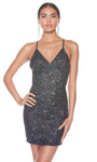 V-neck Hidden Back Zipper Open-Back Beaded Sequined Sheath Empire Waistline Spaghetti Strap Cocktail Short General Print Sheath Dress