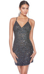 V-neck Spaghetti Strap Empire Waistline Sheath Cocktail Short Open-Back Beaded Hidden Back Zipper Sequined Fitted General Print Sheath Dress