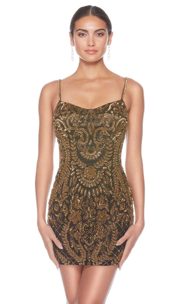 General Print Cocktail Short Sleeveless Spaghetti Strap Natural Waistline Scoop Neck Fitted Sequined Open-Back Lace-Up Self Tie Beaded Fall Sheath Sheath Dress