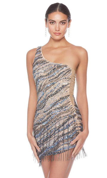 One Shoulder Sheath Natural Waistline Cocktail Short Sequined Beaded Back Zipper Fitted Sheath Dress