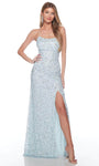 Sexy Sheath Floor Length Natural Waistline Scoop Neck Spaghetti Strap Lace-Up Fitted Beaded Open-Back Sequined Slit Mesh Hidden Back Zipper Sheath Dress/Prom Dress