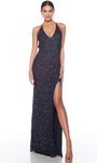 Sexy V-neck Sheath Floor Length Natural Waistline Spaghetti Strap Beaded Fitted Open-Back Sequined Slit Hidden Back Zipper Sheath Dress/Evening Dress