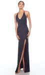 Sexy V-neck Beaded Sequined Hidden Back Zipper Open-Back Slit Sheath Natural Waistline Spaghetti Strap Floor Length Sheath Dress/Evening Dress