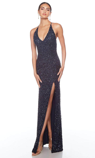 Sexy V-neck Spaghetti Strap Beaded Sequined Hidden Back Zipper Slit Open-Back Sheath Natural Waistline Floor Length Sheath Dress/Evening Dress