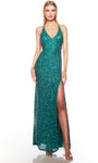 Sexy V-neck Floor Length Spaghetti Strap Hidden Back Zipper Slit Beaded Open-Back Sequined Sheath Natural Waistline Sheath Dress/Prom Dress