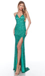 V-neck Sheath Plunging Neck Empire Waistline Spaghetti Strap Sequined Hidden Back Zipper Slit Beaded Open-Back Sheath Dress/Prom Dress with a Brush/Sweep Train