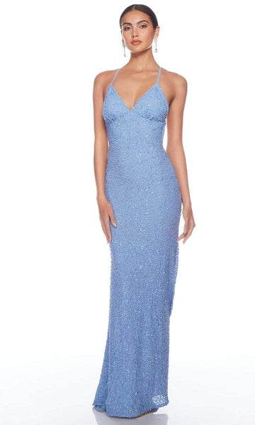 Sexy V-neck Open-Back Beaded Fitted Back Zipper Sequined Empire Waistline Sheath Spaghetti Strap Sheath Dress/Evening Dress with a Brush/Sweep Train