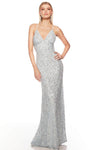 Sexy V-neck Sheath Spaghetti Strap Empire Waistline Fitted Back Zipper Beaded Sequined Open-Back Sheath Dress/Prom Dress with a Brush/Sweep Train