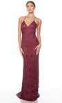 Sophisticated V-neck Open-Back Beaded Hidden Back Zipper Spaghetti Strap Empire Waistline Sheath General Print Sheath Dress/Evening Dress with a Brush/Sweep Train