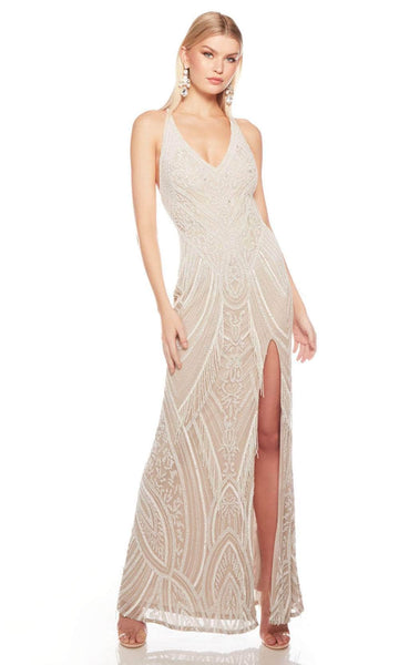 V-neck Jeweled Neck Natural Waistline Open-Back Slit Sequined Jeweled Beaded Back Zipper Sleeveless Spaghetti Strap Sheath Sheath Dress/Evening Dress