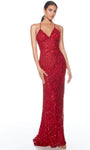 Sexy Sophisticated V-neck Spaghetti Strap Plunging Neck Sheath Back Zipper Beaded Open-Back Natural Waistline Sheath Dress/Evening Dress with a Brush/Sweep Train