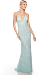 Sexy Sophisticated V-neck Natural Waistline Sheath Spaghetti Strap Open-Back Back Zipper Beaded Plunging Neck Sheath Dress/Evening Dress with a Brush/Sweep Train
