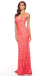 Sexy Sophisticated V-neck Natural Waistline Sheath Plunging Neck Beaded Back Zipper Open-Back Spaghetti Strap Sheath Dress/Evening Dress with a Brush/Sweep Train