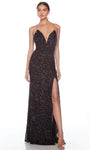 Tall Sexy V-neck Sheath Sleeveless Plunging Neck Beaded Open-Back Sequined Natural Waistline Metallic Sheath Dress/Evening Dress with a Brush/Sweep Train