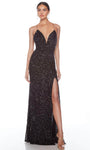 Tall Sexy V-neck Natural Waistline Plunging Neck Sequined Open-Back Beaded Sleeveless Sheath Metallic Sheath Dress/Evening Dress with a Brush/Sweep Train