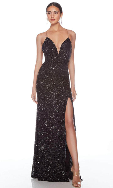Tall Sexy V-neck Sheath Plunging Neck Metallic Sleeveless Natural Waistline Open-Back Sequined Beaded Sheath Dress/Evening Dress with a Brush/Sweep Train