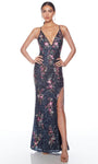 V-neck Floor Length Spaghetti Strap Open-Back Fitted Slit Beaded Sequined Floral Print Sheath Natural Waistline Sheath Dress/Evening Dress