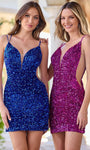 Sexy V-neck Plunging Neck Cutout Illusion Sequined Open-Back Fitted Lace-Up Sheath Sleeveless Spaghetti Strap Velvet Natural Waistline Cocktail Short Sheath Dress/Party Dress