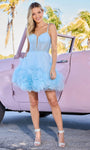 A-line Illusion Lace-Up Ruched Glittering Sheer Pocketed Shirred Tulle Cocktail Short Spaghetti Strap Corset Natural Waistline Plunging Neck Sweetheart Dress With Ruffles