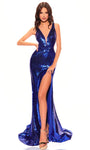 Tall Sophisticated V-neck Sheath Plunging Neck Metallic Natural Waistline Illusion Sequined Slit Open-Back Sheer Lace-Up Sleeveless Sheath Dress/Prom Dress with a Brush/Sweep Train