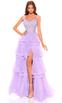 Sophisticated Embroidered Lace-Up Slit Sheer Applique Tiered Off the Shoulder Sweetheart Floral Print Corset Natural Waistline Ball Gown Prom Dress with a Brush/Sweep Train With Ruffles