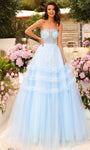 A-line Strapless Tulle Ruffle Trim Illusion Tiered Glittering Sheer Lace-Up Slit Ruched Corset Natural Waistline Straight Neck Ball Gown Prom Dress with a Brush/Sweep Train
