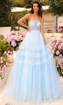 A-line Strapless Straight Neck Ruffle Trim Sheer Lace-Up Glittering Slit Ruched Tiered Illusion Corset Natural Waistline Tulle Ball Gown Prom Dress with a Brush/Sweep Train