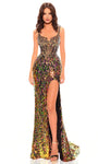 Sheath Floor Length Sleeveless Natural Waistline Floral Print Scoop Neck Illusion Slit Open-Back Fitted Lace-Up Sequined Sheath Dress/Evening Dress with a Brush/Sweep Train