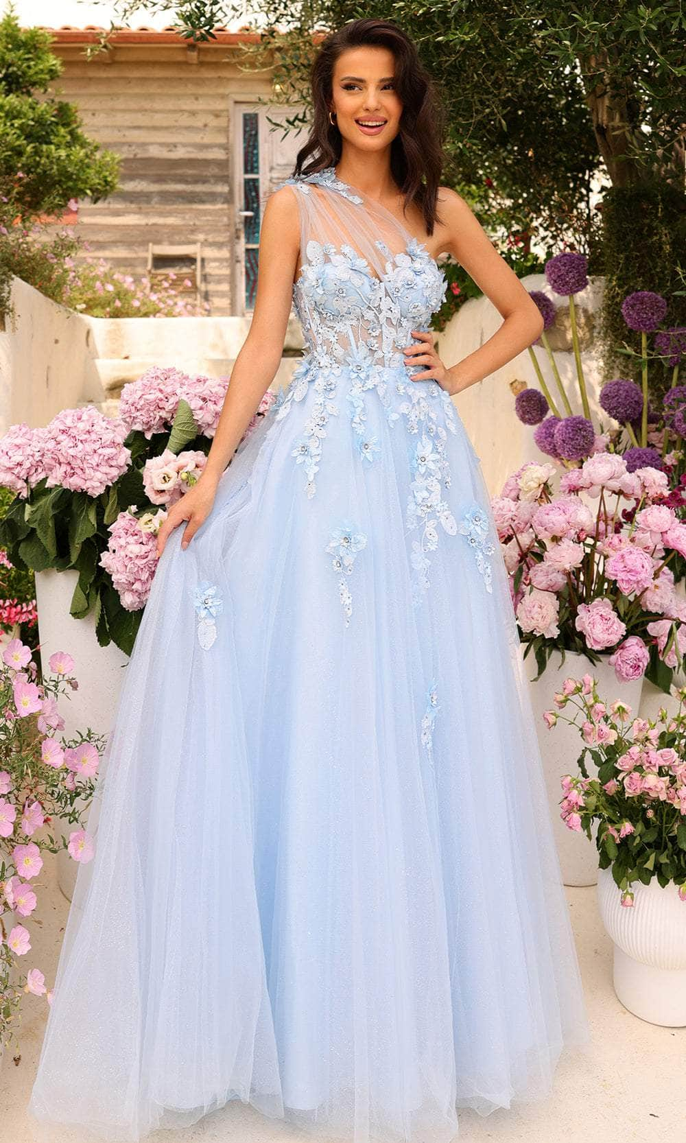 Amarra 88841 - 3D Floral Embellished One-Sleeve Prom Dress
