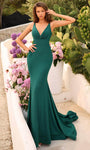 V-neck Mermaid Sleeveless Plunging Neck Empire Waistline Hidden Back Zipper Open-Back Glittering Ruched Crepe Prom Dress with a Brush/Sweep Train