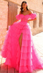 Sexy Sophisticated A-line Corset Natural Waistline Puff Sleeves Sleeves Off the Shoulder Open-Back Sheer Tiered Slit Ruffle Trim Tulle Prom Dress with a Brush/Sweep Train