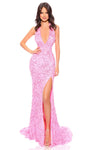 Sophisticated Natural Waistline Sleeveless Halter Plunging Neck Open-Back Sequined Slit Beaded Hidden Back Zipper Sheath Sheath Dress/Prom Dress with a Brush/Sweep Train