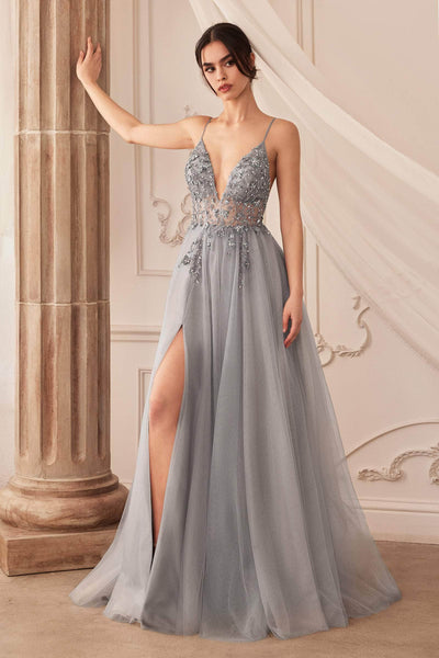 A-line V-neck Tulle Floral Print Plunging Neck Natural Waistline Spaghetti Strap Slit Gathered V Back Beaded Hidden Back Zipper Illusion Bridesmaid Dress/Prom Dress