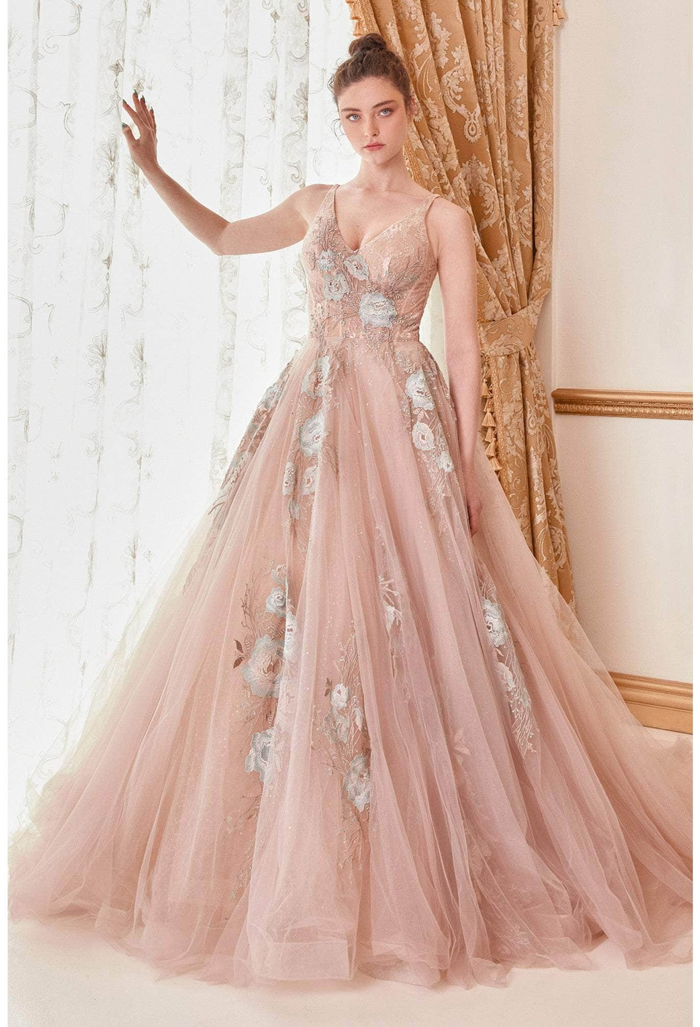 Andrea and Leo - A0893 Floral Embroidered Simple Prom Gown
