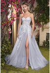 Sexy A-line Strapless Tulle Sweetheart Fitted Slit Open-Back Glittering Applique Back Zipper Floral Print Corset Natural Waistline Fit-and-Flare Floor Length Prom Dress with a Brush/Sweep Train