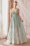 A-line V-neck Tulle Floor Length Natural Waistline Sleeveless Back Zipper Beaded Open-Back Dress