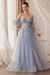 Strapless Illusion Glittering Beaded Applique Goddess Open-Back Floor Length Sweetheart Floral Print Tulle Puff Sleeves Sleeves Natural Waistline Dress with a Brush/Sweep Train