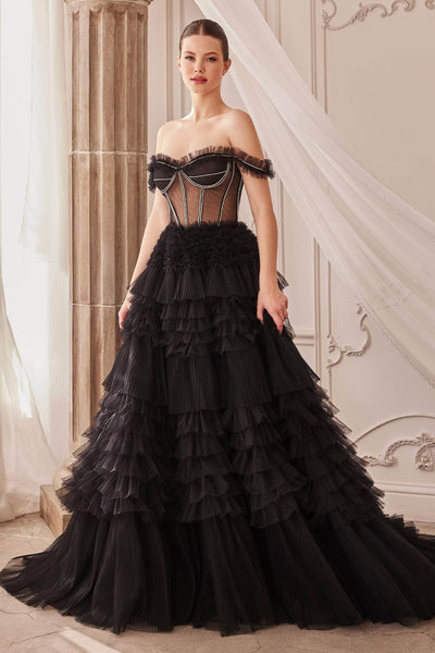 Sweetheart Corset Natural Waistline Off the Shoulder Lace-Up Illusion Open-Back Beaded Tiered Dress with a Brush/Sweep Train With Rhinestones and Ruffles