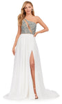 A-line Chiffon Natural Waistline Floor Length Slit Beaded Illusion Cutout Asymmetric One Shoulder Sleeveless Dress with a Brush/Sweep Train