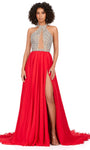 A-line Halter High-Neck Floor Length Sleeveless Natural Waistline Slit Cutout Beaded Illusion Chiffon Dress with a Brush/Sweep Train