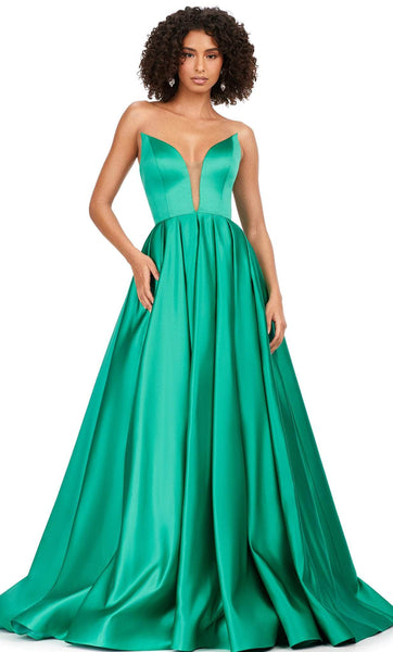 V-neck Strapless Pocketed Illusion Back Zipper Pleated Open-Back Flutter Sleeves Natural Waistline Satin Dress with a Court Train