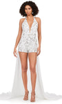 Sophisticated V-neck Chiffon Short Natural Waistline Sheer Flowy Sequined Halter Plunging Neck Sleeveless Romper